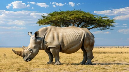 Fototapeta premium Majestic Rhinoceros Grazing Under a Tall Acacia Tree in a Vast African Savanna Landscape with Expansive Blue Sky and Soft Clouds Above