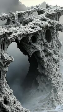 A close-up image of a large, porous rock formation with a unique and complex shape