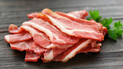 Obraz premium Fresh sliced bacon on rustic wooden table