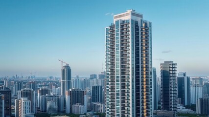 Obraz premium A high-rise condominium building with a brightly lit, modern apartment standing out among the rest, high-rise, cityscape, building
