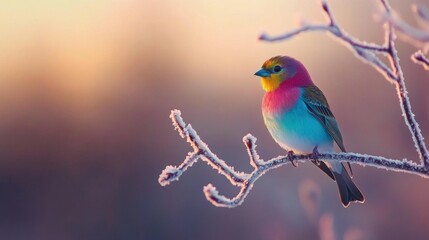 Obraz premium Colorful bird perched on a frosty branch at dawn