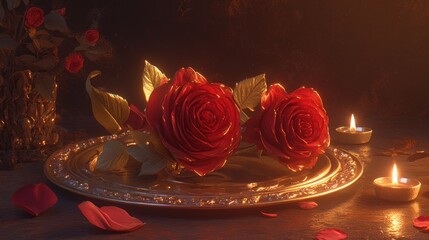 Two red roses with golden leaves and petals on a gold tray with candles.