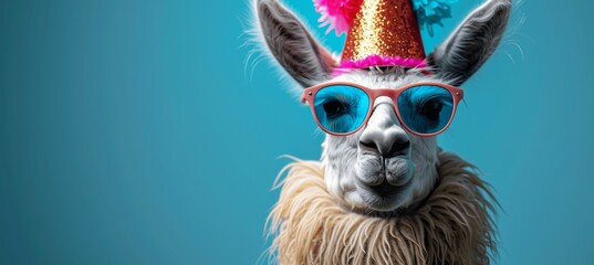 Fototapeta premium Funny Alpaca with Party Hat and Sunglasses on Blue Background