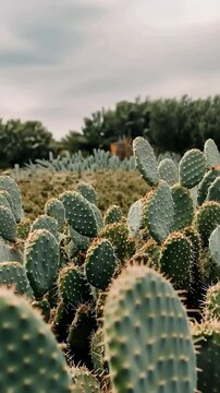 A close-up view of a field of prickly pear cactus growing in a desert  environment