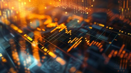 Futuristic Financial Technology Abstract Background with Digital Data and Graphs Illuminated by Orange Lights
