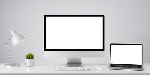 Fototapeta premium Laptop displaying mockup of web screen with blank space for customization, mockup, desktop, computer