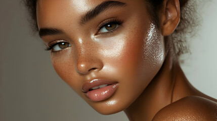 Close-up Beauty Shot: Glowing Skin with Freckles, Detailed Makeup, and Soft Lighting