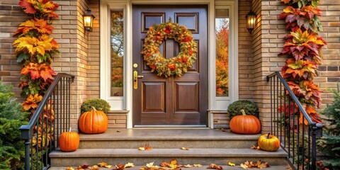 Obraz premium A charming front porch decorated with a fall wreath, pumpkins, and vibrant foliage on brick walls