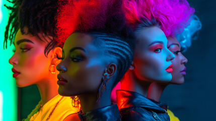 Fototapeta premium Diverse women posing with unique hairdos mohawk, braids, pixie cut, colorful lighting