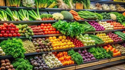 Obraz premium A vibrant display of fresh produce fills the shelves of a local market, showcasing a diverse selection of fruits and vegetables in an abundance of colors and textures.