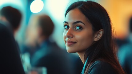 Obraz premium Young woman with long dark hair smiling warmly while seated in a lively social setting, captured in a moment of joy and connection at an event with blurred background.