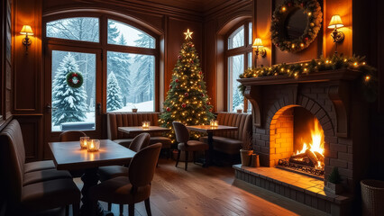 a cozy cafe or restaurant with tables and chairs and a burning fireplace