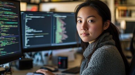 Young woman working at desk with multiple computer screens displaying code, focused and dedicated to her programming tasks in a modern office environment.
