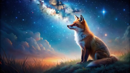 A red fox silhouetted against a breathtaking night sky, gazing upwards at a distant star, a symbol of hope and wonder amidst a celestial tapestry of stars and clouds.