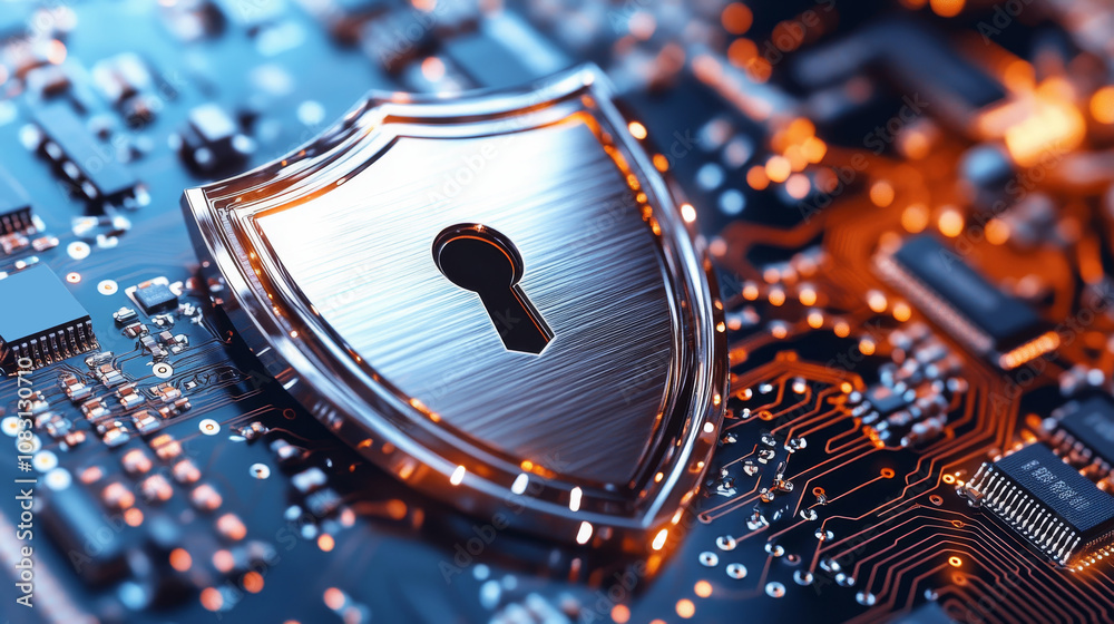 Poster cybersecurity shield protects digital data from unauthorized access through advanced encryption tech
