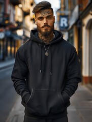 Obraz premium Urban portrait of bearded man with tattoos wearing black hoodie in street style