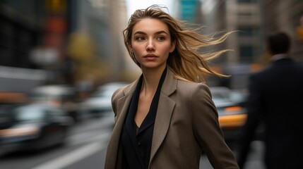 Fototapeta premium Young Woman in Business Attire Stands Confidently on Urban Street, Hair Flowing with Wind, Capturing the Essence of City Life and Professional Style in Motion