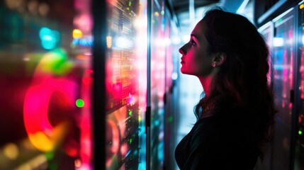 Woman in Dark Room Observing Colorful Lights on Data Servers, Illuminating Her Profile with Reflections in a Modern Digital Environment