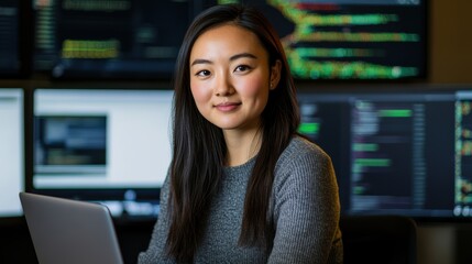 Confident Young Woman in Modern Office Environment Analyzing Data on Laptop Surrounded by Multiple Monitors Displaying Complex Graphs and Charts