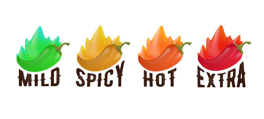 Obraz premium Hot spicy level labels of vector jalapeno, chili, cayenne peppers with fire flames. Spicy food or sauce taste scale