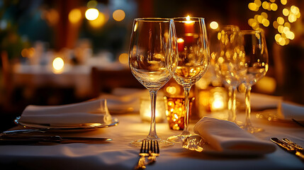 Romantic candlelit dinner setting with wine glasses, softly lit background.