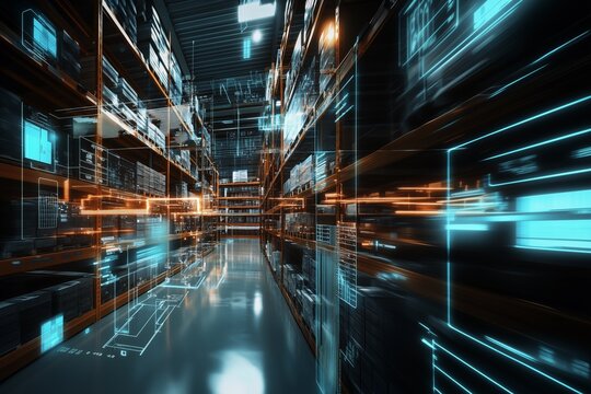 Explore a futuristic warehouse with advanced digital technology, featuring virtual interfaces and automated systems, illustrating modern retail and logistics innovations.