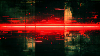 Fototapeta premium Abstract Glitch Background: Red Neon Lines Across Dark Grid Texture