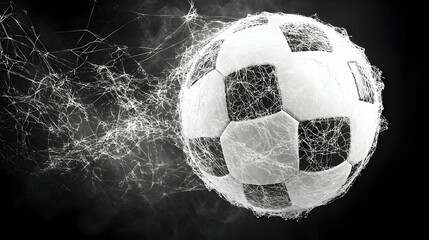 3D Render of Soccer Ball Entangled in a Web, Abstract Background with Smoky Haze, Monochrome Image