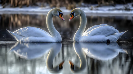 Obraz premium Two Graceful Swans Form Heart Shape on Tranquil Winter Water, Reflecting in Calm Surface