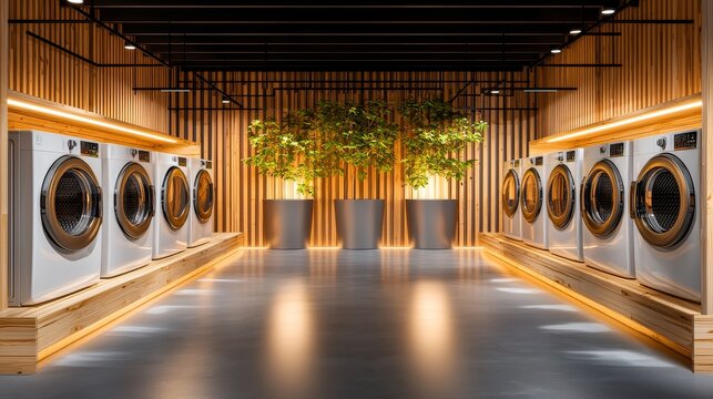 Brightly lit hostel washing area with front- and top-loading machines, clear multilingual signage on walls, and a welcoming atmosphere