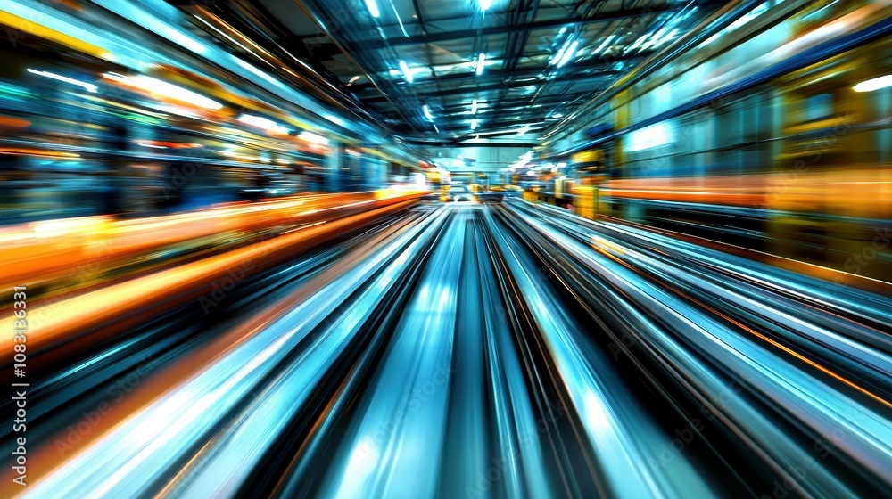 Poster high-speed production line featuring multiple items in motion, showcasing dynamic industrial environ