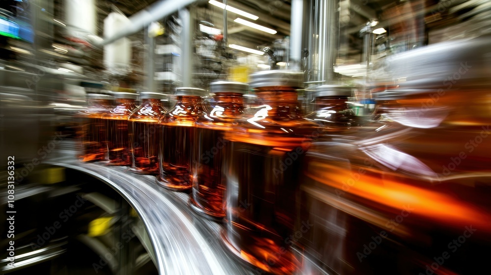 Poster high-speed production line with multiple bottles moving in a factory environment, demonstrating effi