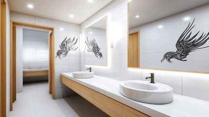 Fototapeta premium Clean hostel washroom layout, shared countertop with sinks, mirror and light per user