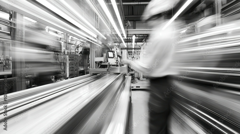 Poster engineers inspecting high-speed machines in dynamic manufacturing environment capturing precision an