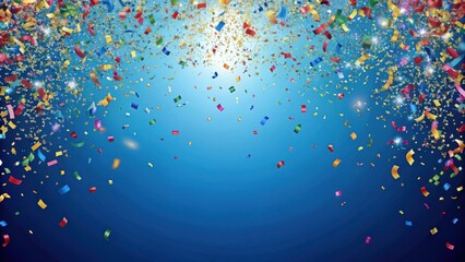 Colorful Confetti and Ribbons Falling on a Blue Background with Shining Lights