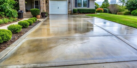 A wet concrete driveway with a slight slope and a reflecting surface, bordered by a lush green lawn and mature shrubbery.
