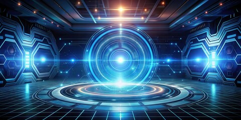 Futuristic digital interface with a glowing blue circular portal, set against a dark backdrop featuring geometric shapes and illuminated lines.