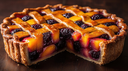 National Pie Day. A delicious fruit tart featuring a lattice crust filled with vibrant peaches and blackberries, showcasing a tempting and colorful dessert.