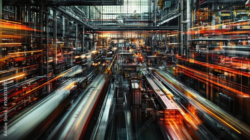 Poster fast-paced factory assembly line featuring dynamic movement and workflow in a bustling industrial en