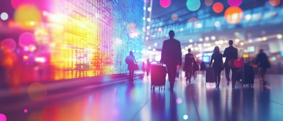 Fototapeta premium Busy airport departure scene with travelers rushing to their flights amid colorful lights and vibrant ambiance, capturing the essence of travel excitement.