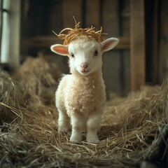 Obraz premium Cute Lamb Wearing a Gold Crown of Thorn Branches Standing in a Stable, Lamb of God 