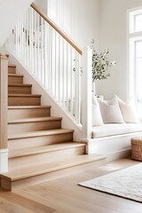 Fototapeta premium Minimalist straight staircase with natural wood steps and white side panels,