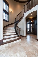 Fototapeta premium Statement staircase featuring custom tile inlays and wrought iron handrails,