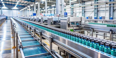 Fototapeta premium A Conveyor Belt System in a Modern Industrial Factory, Featuring Rows of Blue Plastic Bottles Moving Along the Conveyor