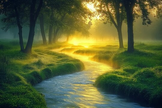 Serene Sunrise Forest Scene with Gentle Stream and Misty Atmosphere