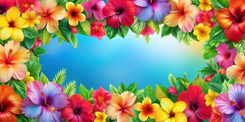 Obraz premium A vibrant border of tropical flowers arranged in a decorative manner around a blue background