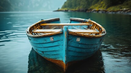 Obraz premium A small blue boat sits in the water