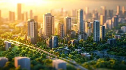 Fototapeta premium A cityscape with tall buildings and a green park