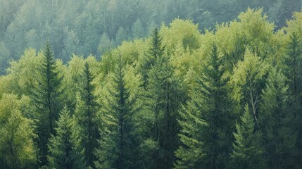 Fototapeta premium Lush green forest landscape with dense trees and serene atmosphere.