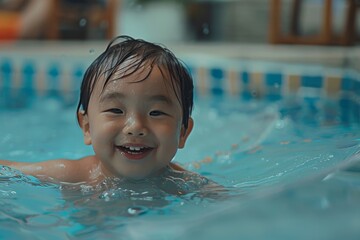 Joyful child swimming in pool